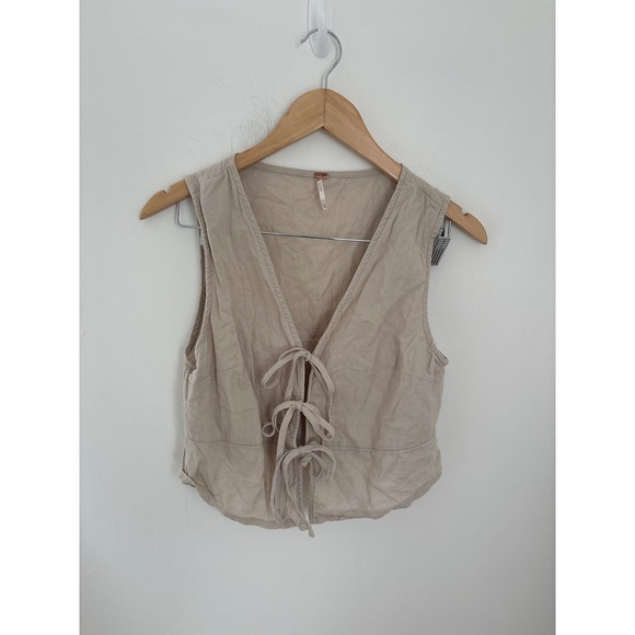 Free People Jackets & Blazers - Free People Tan Linen Blend Tie Front Cropped Vest Size M
